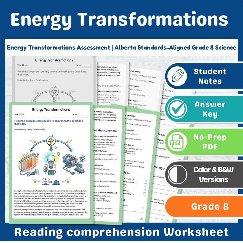 Grade 8 Science assessment worksheet — Energy Transformations Assessment | Alberta Standards-Aligned Grade 8 Science — page 1