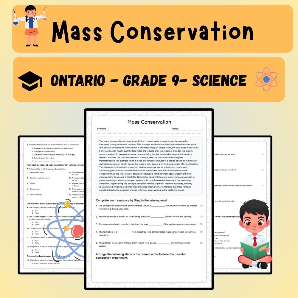 Grade 9 Science worksheet worksheet — Grade 9 Science | Mass Conservation Worksheet (Answer Key) - Ontario Standards — page 1