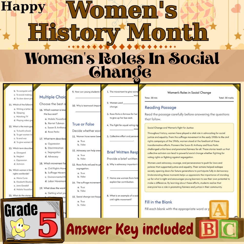 Grade 5  Women's Roles in Social Change Worksheet for Mastery | PDF + Answer Key