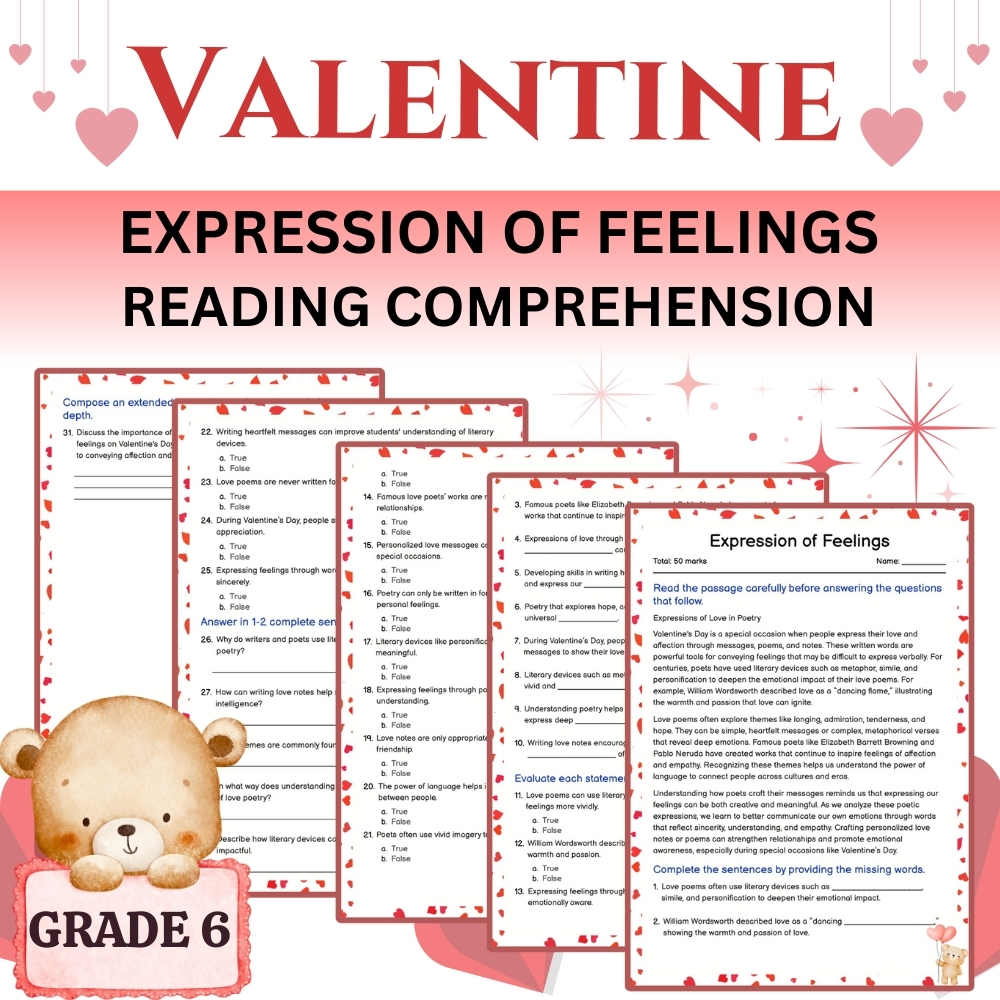 Grade 6 Seasonal Expression of Feelings Worksheet – Valentine’s Day + Answer Key (PDF)