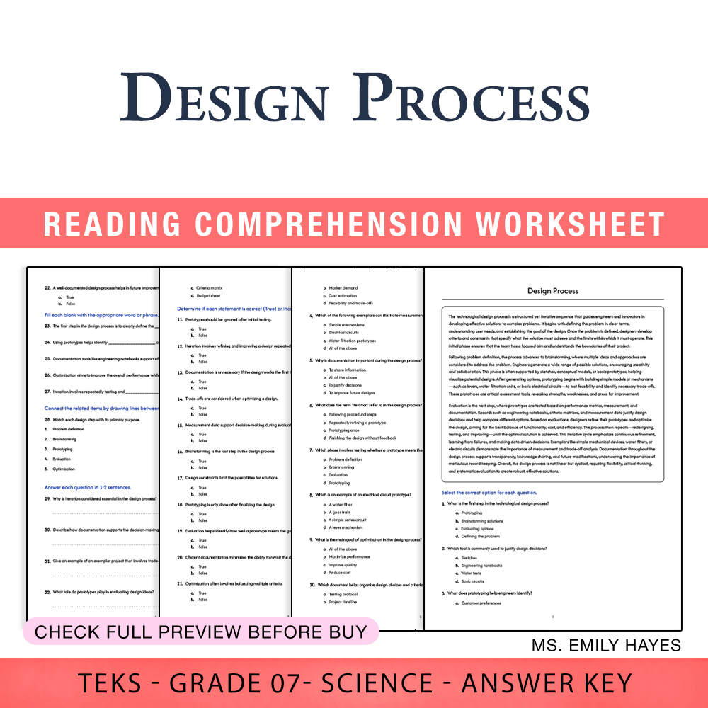 Grade 7 Science worksheet worksheet — Grade 7 Science | Design Process Worksheet (PDF+ Answer Key) — page 1