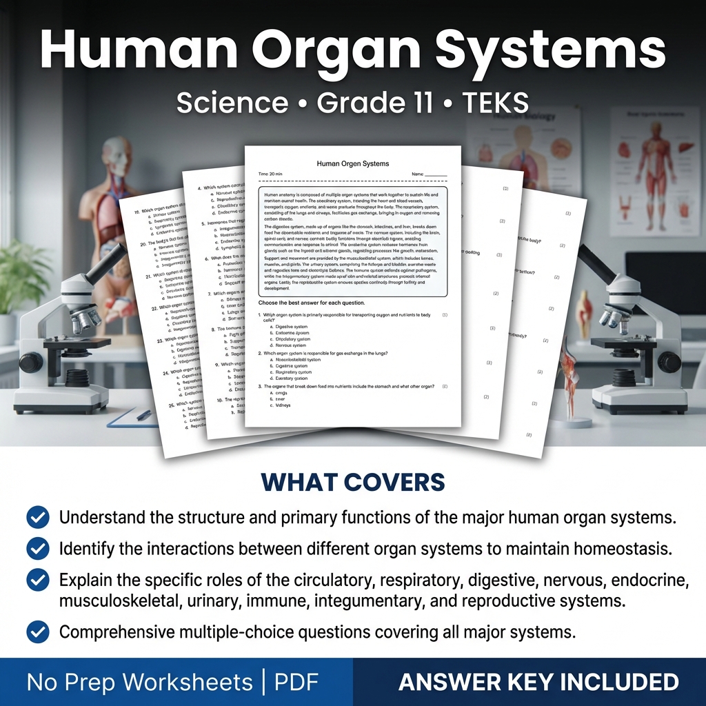 Human Organ Systems Science Worksheet for Grade 11 | TEKS Practice