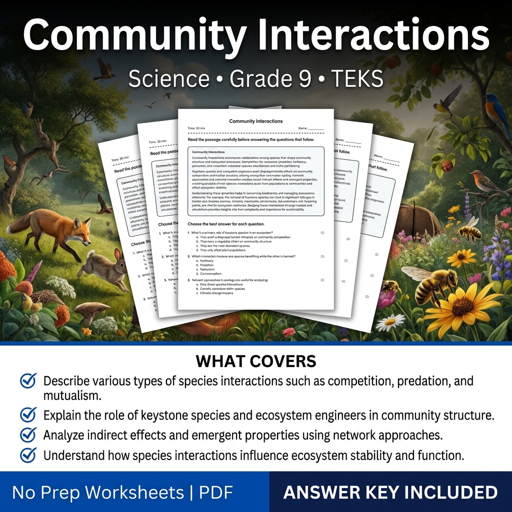 Community Interactions Worksheet for Grade 9 Science TEKS Alignment