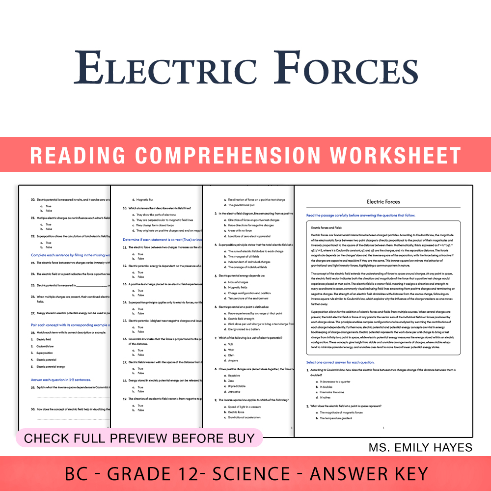 Grade 12 Science worksheet worksheet — 12th Grade Science | Electric Forces Worksheet (PDF + Answer Key) — page 1