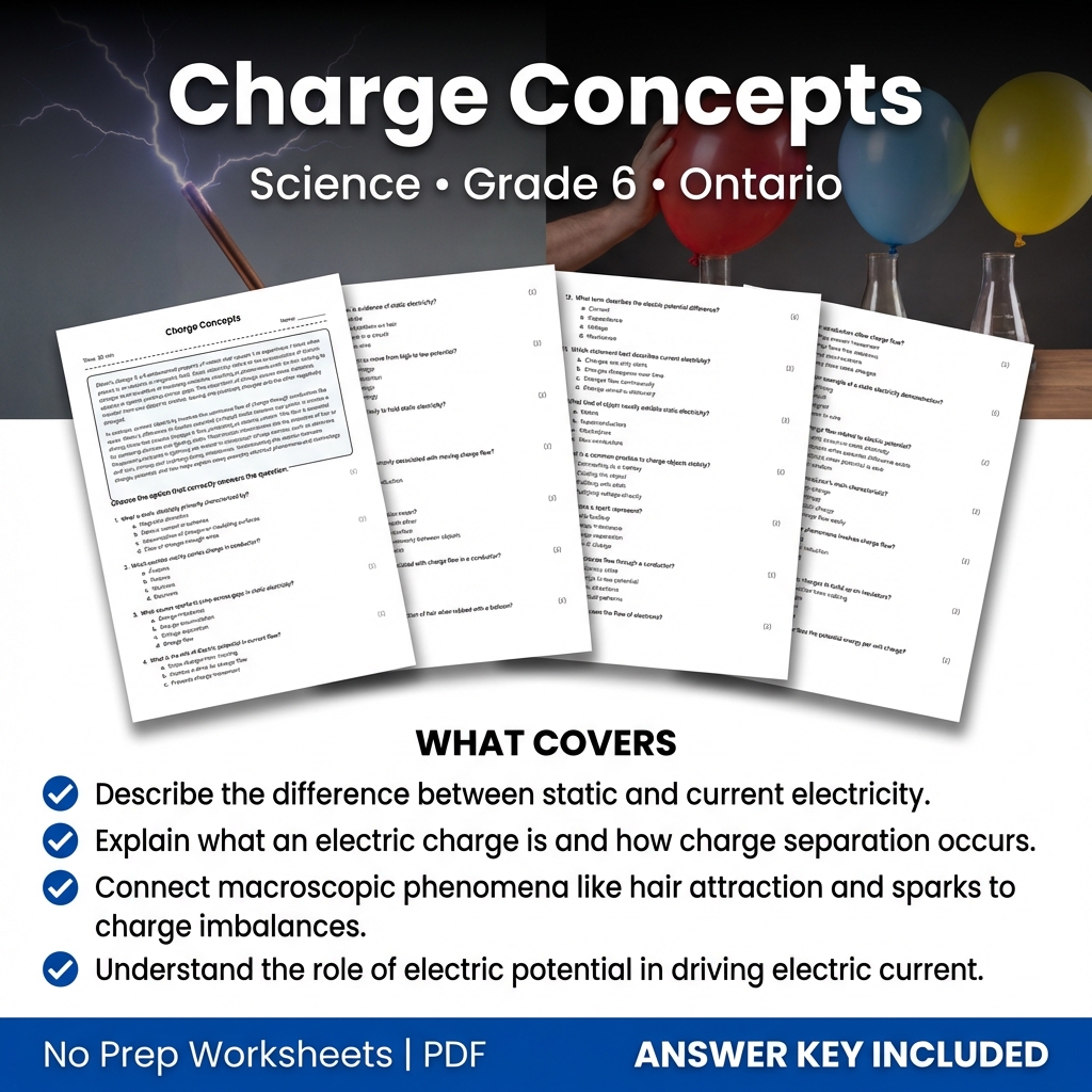 Charge Concepts Worksheet for Grade 6 Science | Ontario Standard Practice