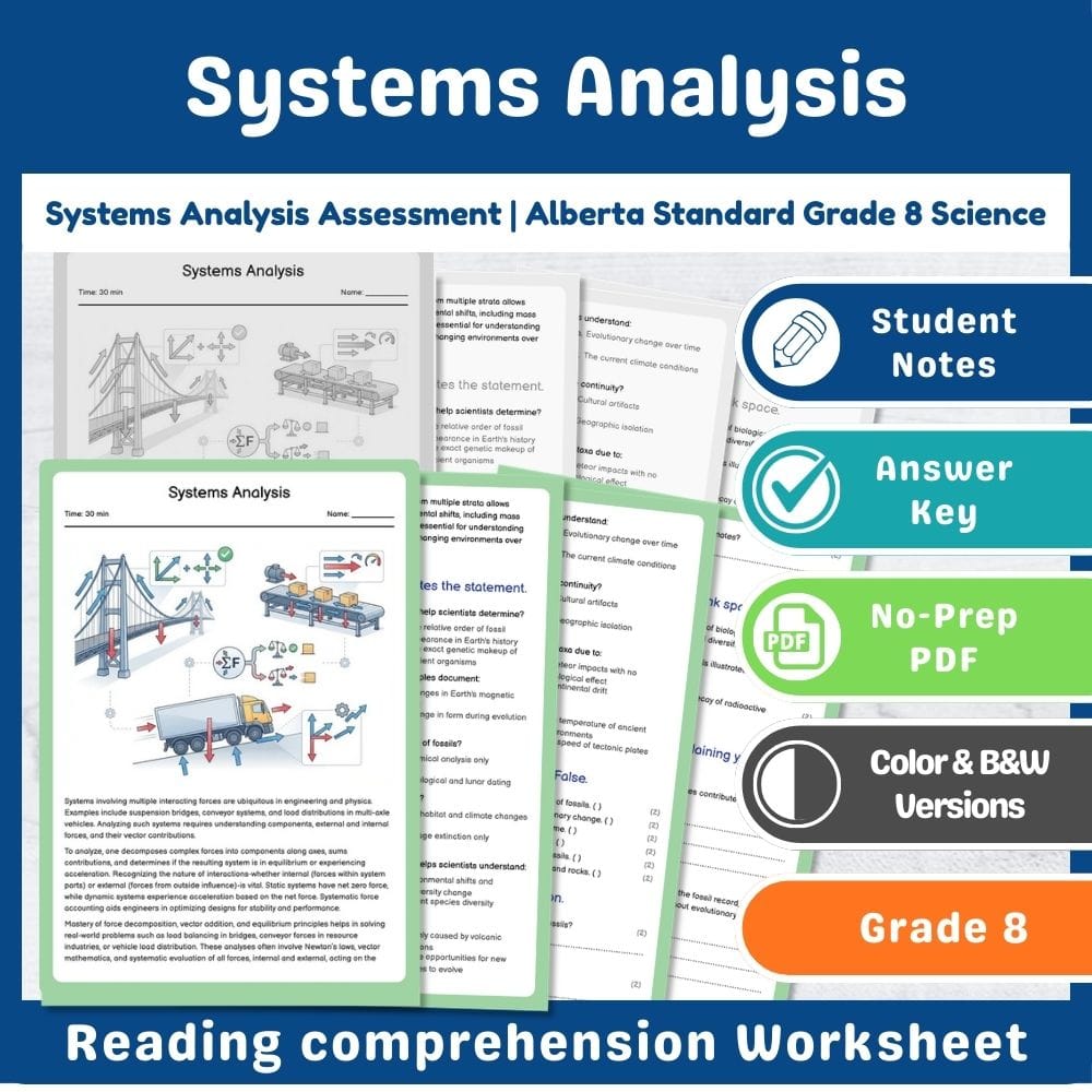 Grade 8 Science assessment worksheet — Systems Analysis Assessment | Alberta Standard Grade 8 Science — page 1