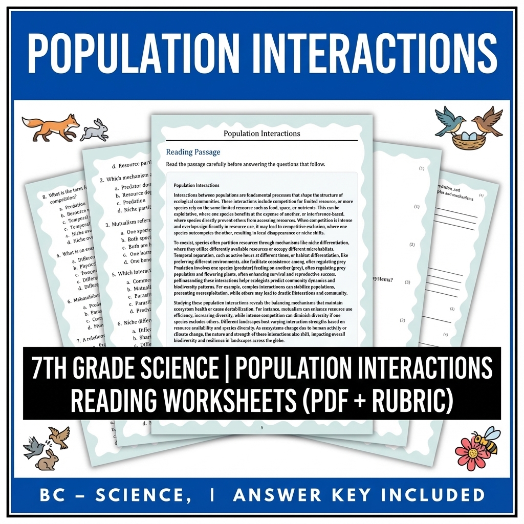 7th Grade Science | Population Interactions Reading Worksheets (PDF + Rubric)