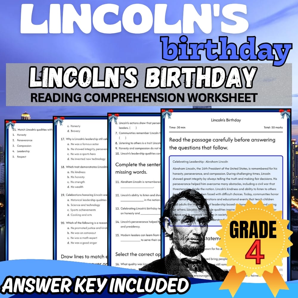 Grade 4 Holiday | Lincoln's Birthday Worksheet for Mastery | PDF + Answer Key