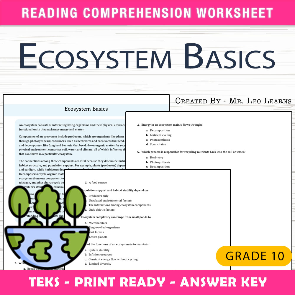 Grade 10 Science worksheet worksheet — Grade 10 Science — Ecosystem Basics Worksheet for Mastering TEKS Standards — page 1