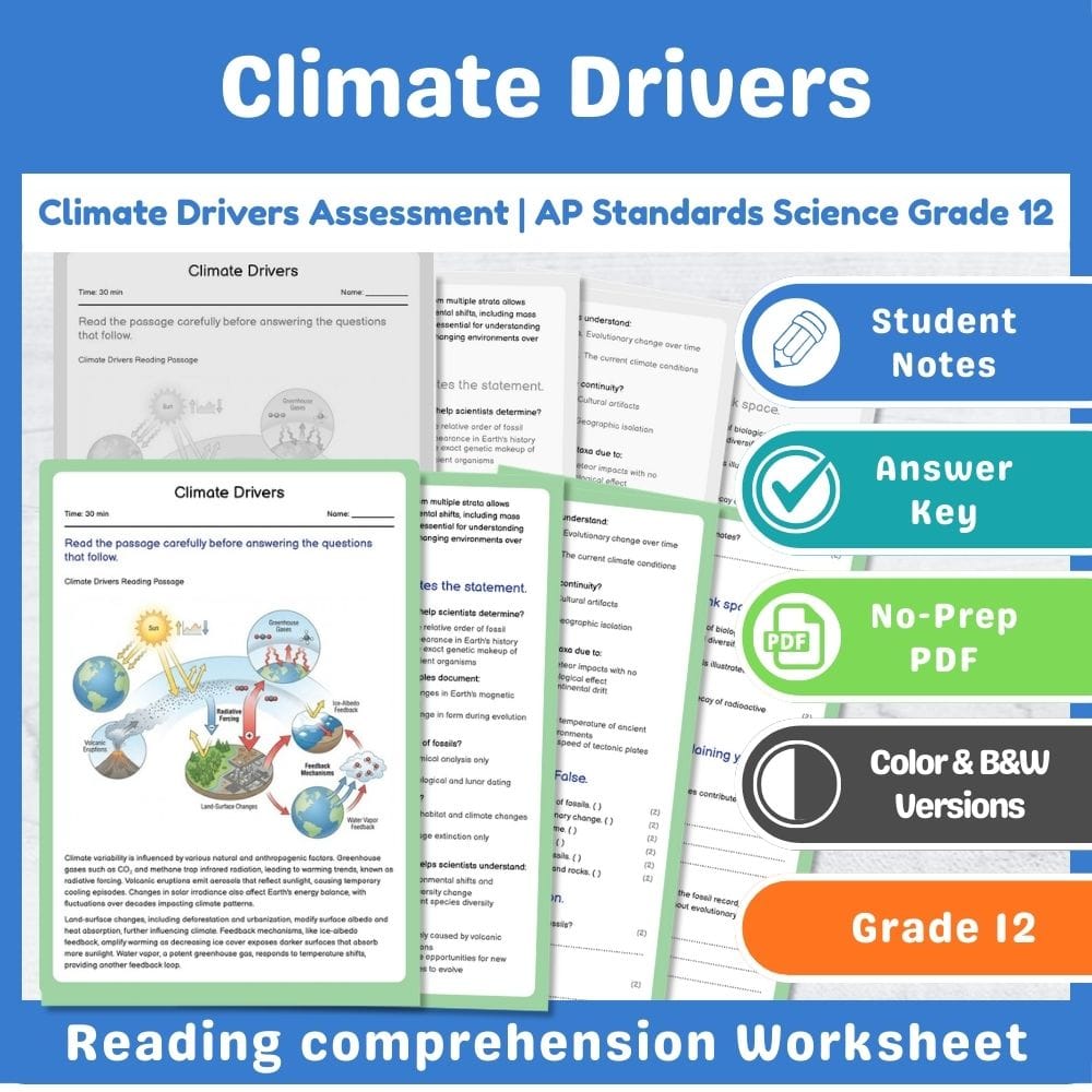Grade 12 Science assessment worksheet — Climate Drivers Assessment | AP Standards Science Grade 12 — page 1