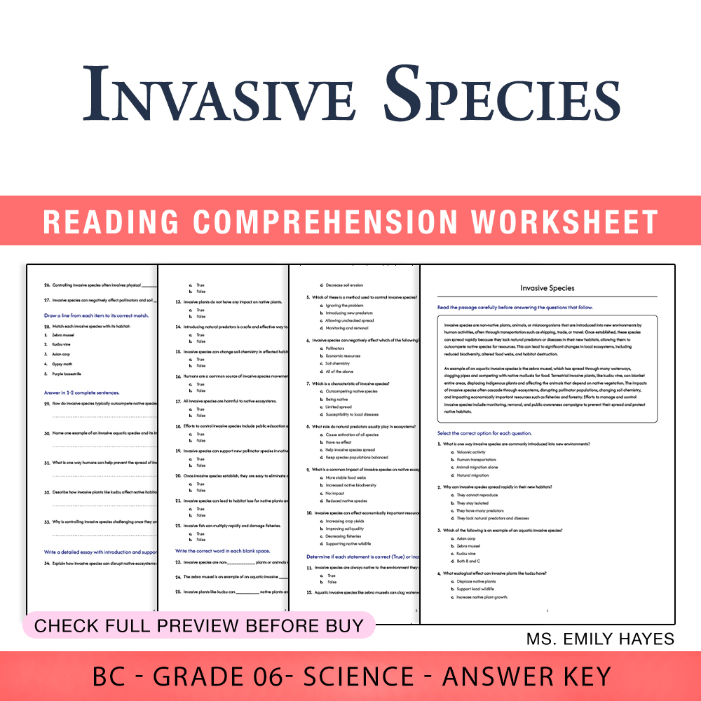 Grade 6 Science worksheet worksheet — 6th Grade Science | Invasive Species Worksheet (PDF+ Answer Key) — page 1