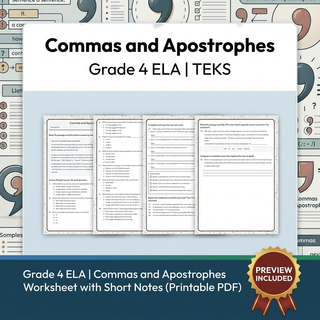Grade 4 Grammar and Punctuation ELA Lesson Bundle with Short Notes (TEKS) — included worksheet 3