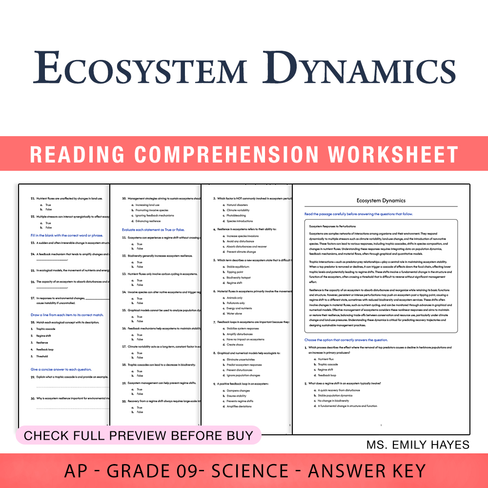 Grade 9 Science worksheet worksheet — 9th Grade Science | Ecosystem Dynamics Worksheet (PDF+ Answer Key) — page 1