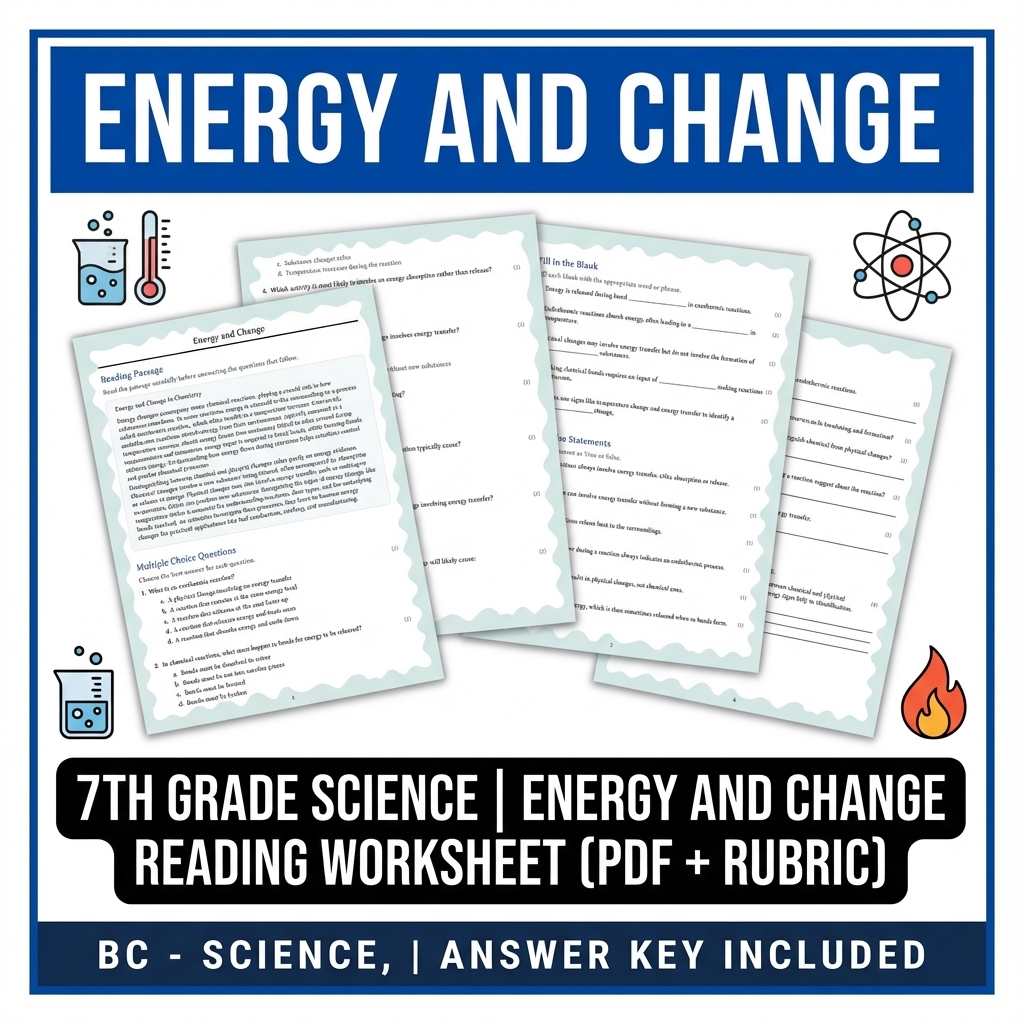 Grade 7 Science reading worksheets — 7th Grade Science | Energy and Change Reading Worksheet (PDF + Rubric)