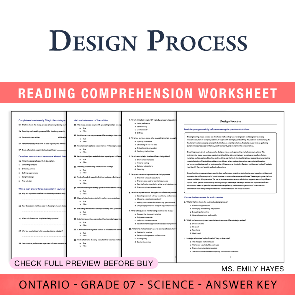 Grade 7 Science worksheet worksheet — 7th Grade Science | Design Process Worksheet (PDF+ Answer Key) — page 1
