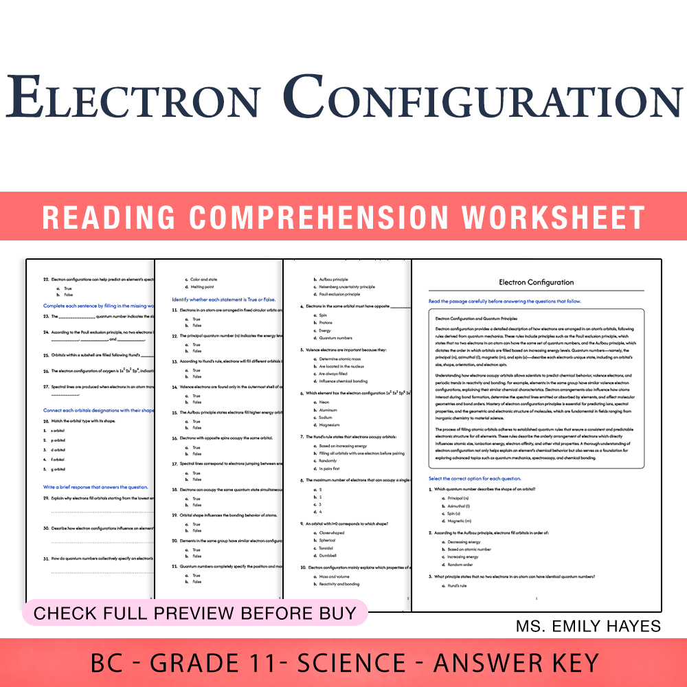 Grade 11 Science worksheet worksheet — 11th Grade Science | Electron Configuration Worksheet (PDF + Answer Key) — page 1