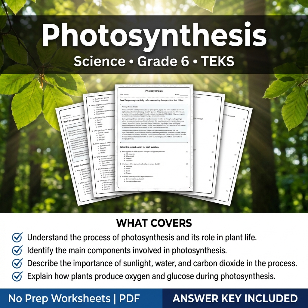 Grade 6 Science Worksheet on Photosynthesis | TEKS-Aligned Practice