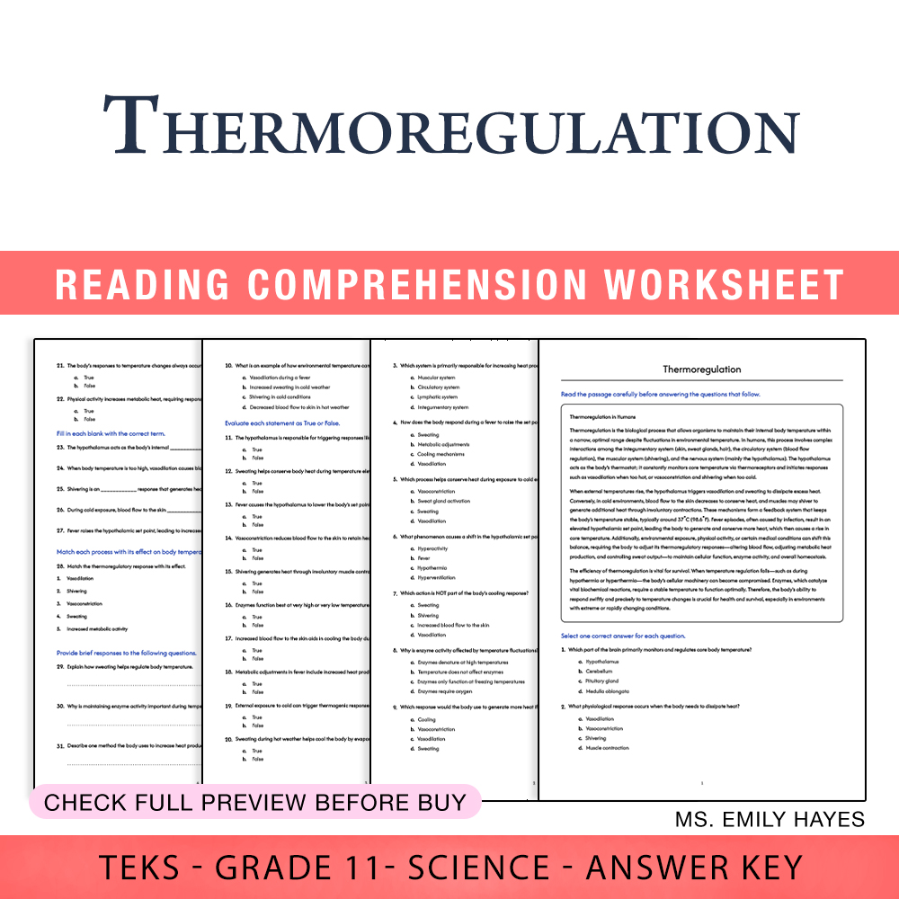 Grade 11 Science worksheet worksheet — 11th Grade Science | Thermoregulation Worksheet (PDF+ Answer Key) — page 1
