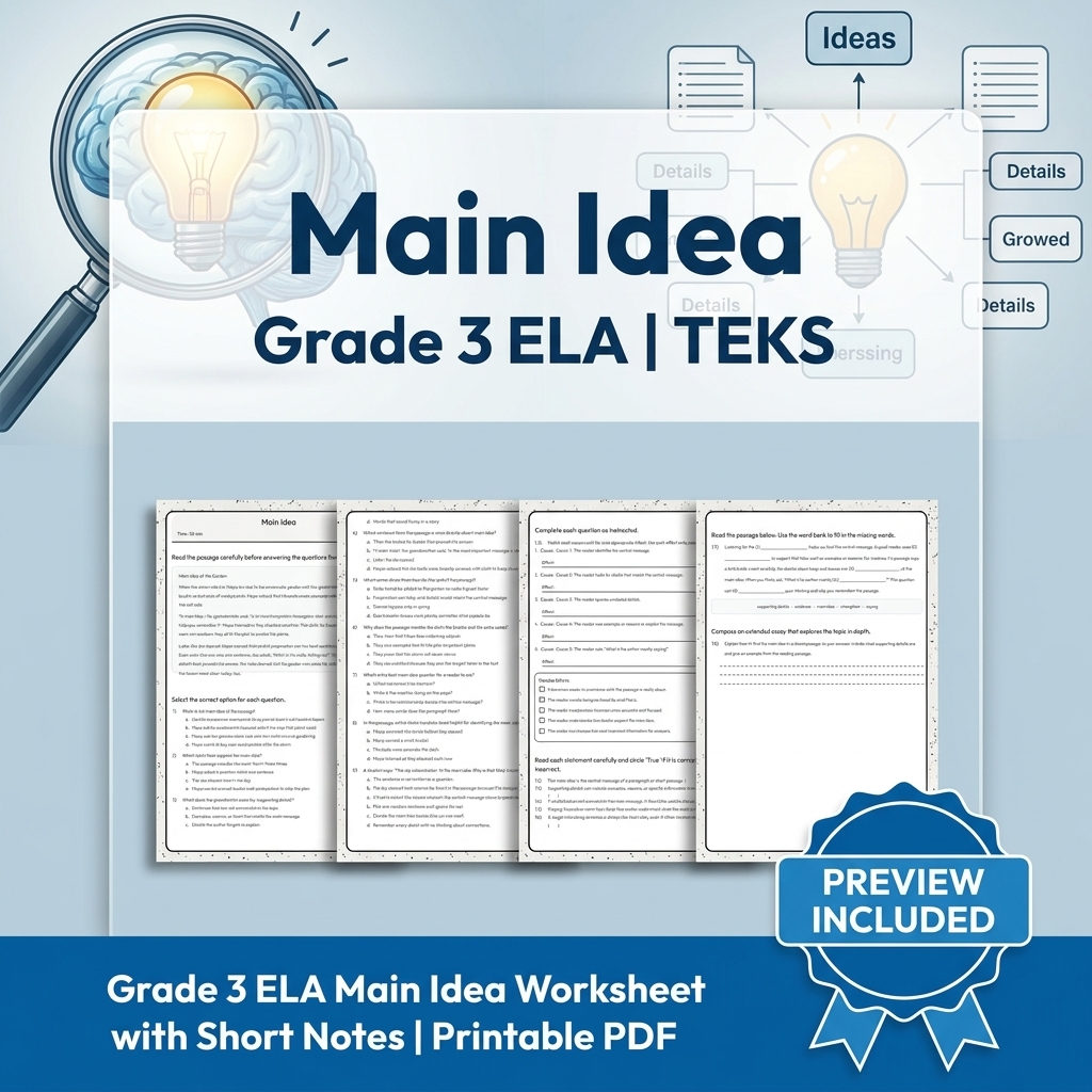 Grade 3 ELA Writing, Reading, and Research Skills Full-Year Bundle TEKS — included worksheet 14