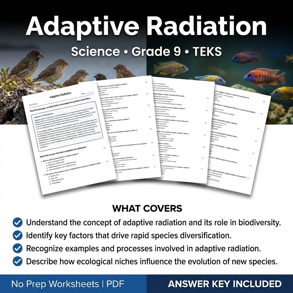 Grade 9 Science Worksheet on Adaptive Radiation | TEKS Aligned