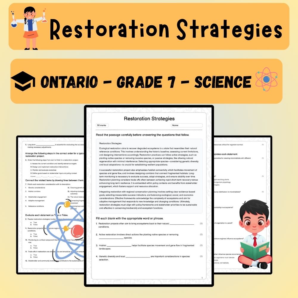 Grade 7 Science worksheet worksheet — Grade 7 Science – Restoration Strategies Worksheet (PDF ) | Ontario Standards — page 1