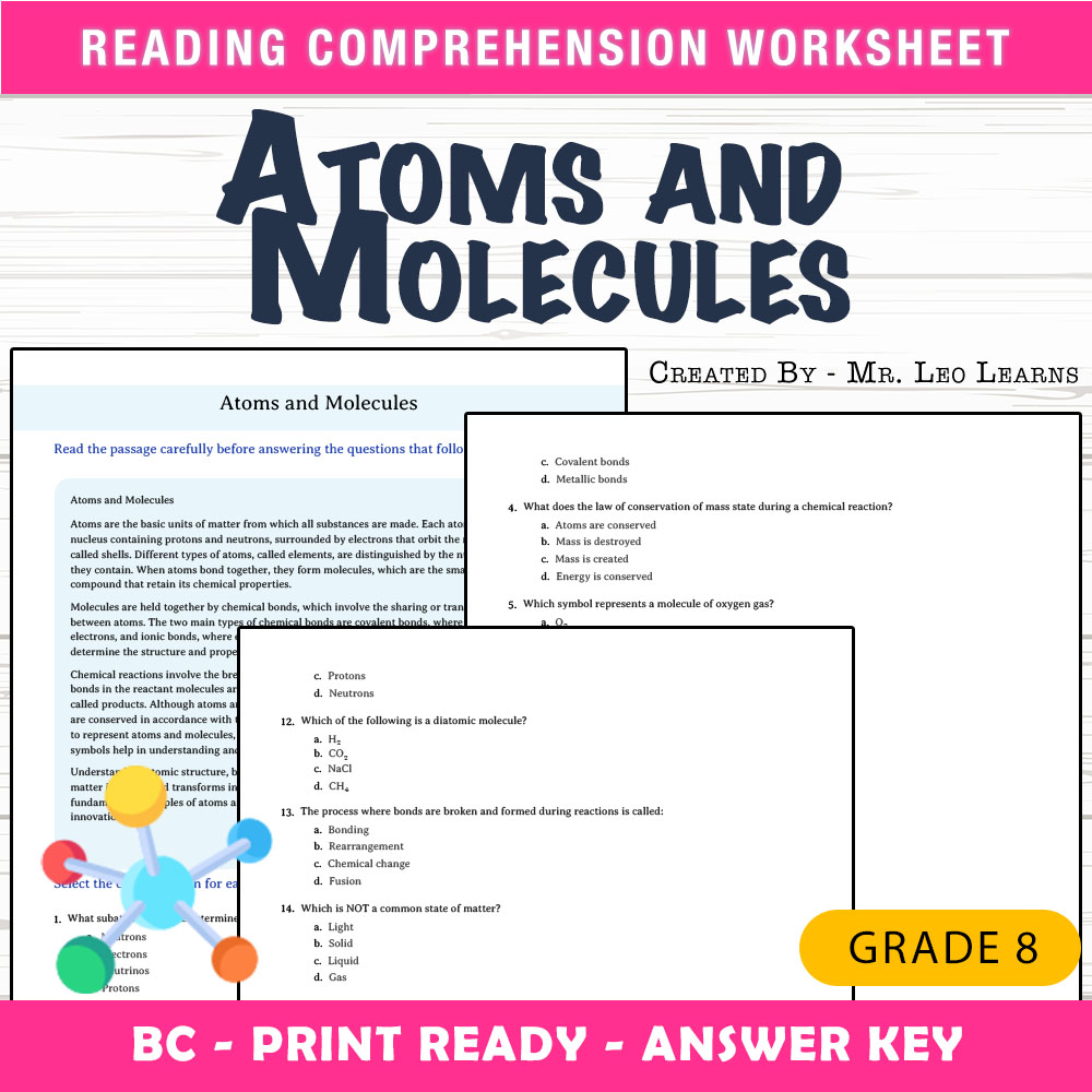 Grade 8 Science worksheet mcq paper worksheet — Grade 8 Science — Atoms and Molecules Worksheet MCQ Paper — page 1