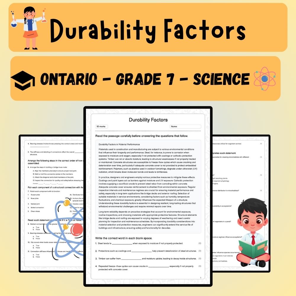 Grade 7 Science worksheet worksheet — Grade 7 Science | Durability Factors Worksheet (PDF ) – Ontario Standards — page 1
