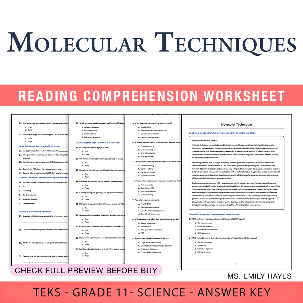 Grade 11 Science worksheet worksheet — Grade 11 Science | Molecular Techniques Worksheet (PDF+ Answer Key) — page 1
