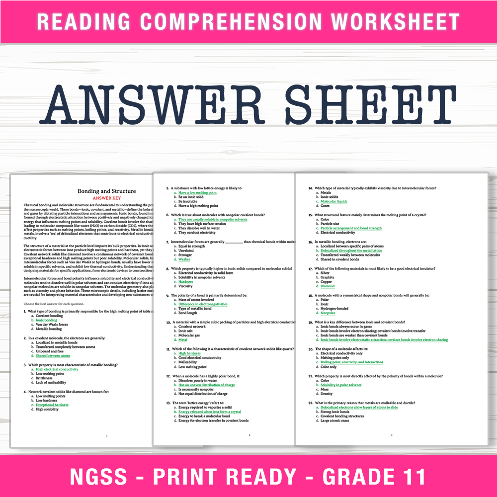 Grade 11 Science worksheet worksheet — Grade 11 Science – Bonding & Structure Worksheet (PDF + Answer Key) — page 2