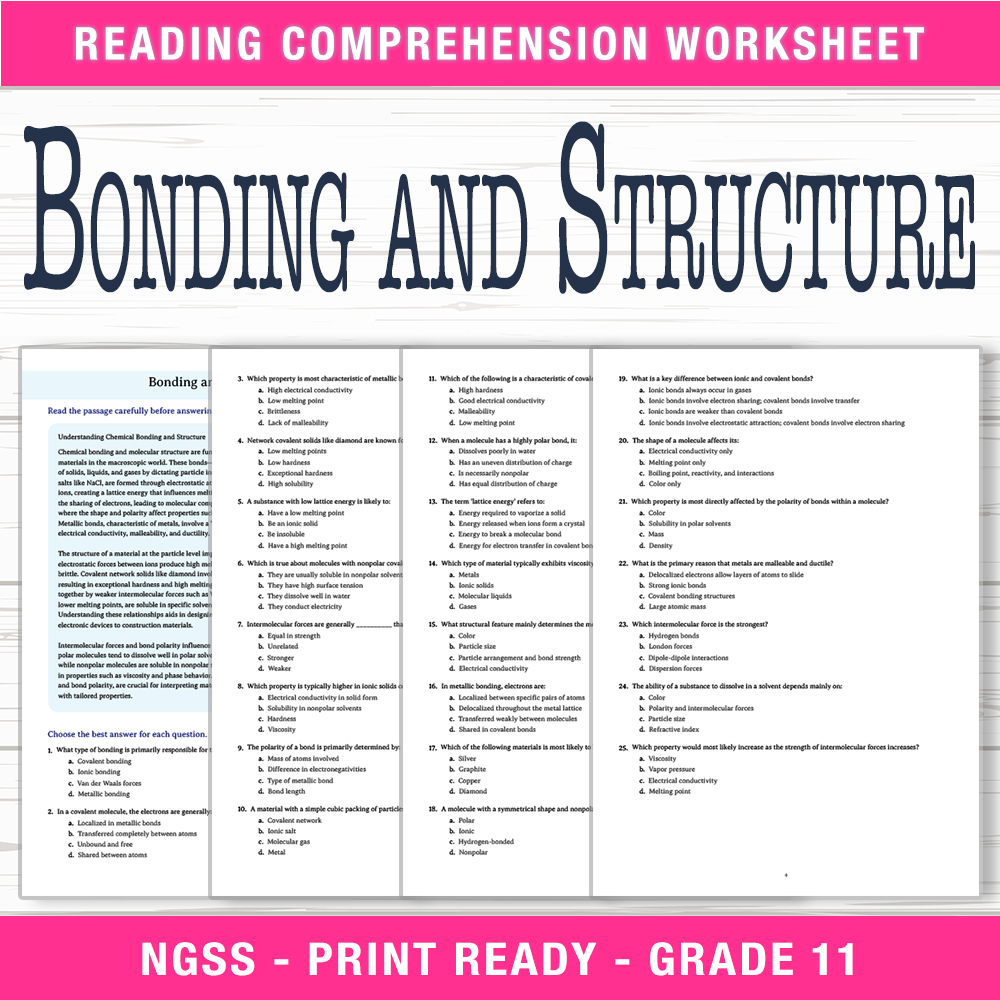 Grade 11 Science worksheet worksheet — Grade 11 Science – Bonding & Structure Worksheet (PDF + Answer Key) — page 1