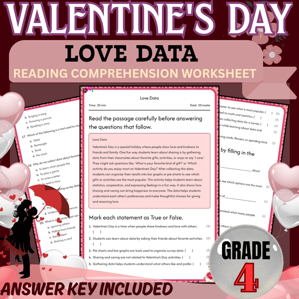 Grade 4 Holiday Unit Bundle | Valentine's Day & Friendship Worksheets — included worksheet 4
