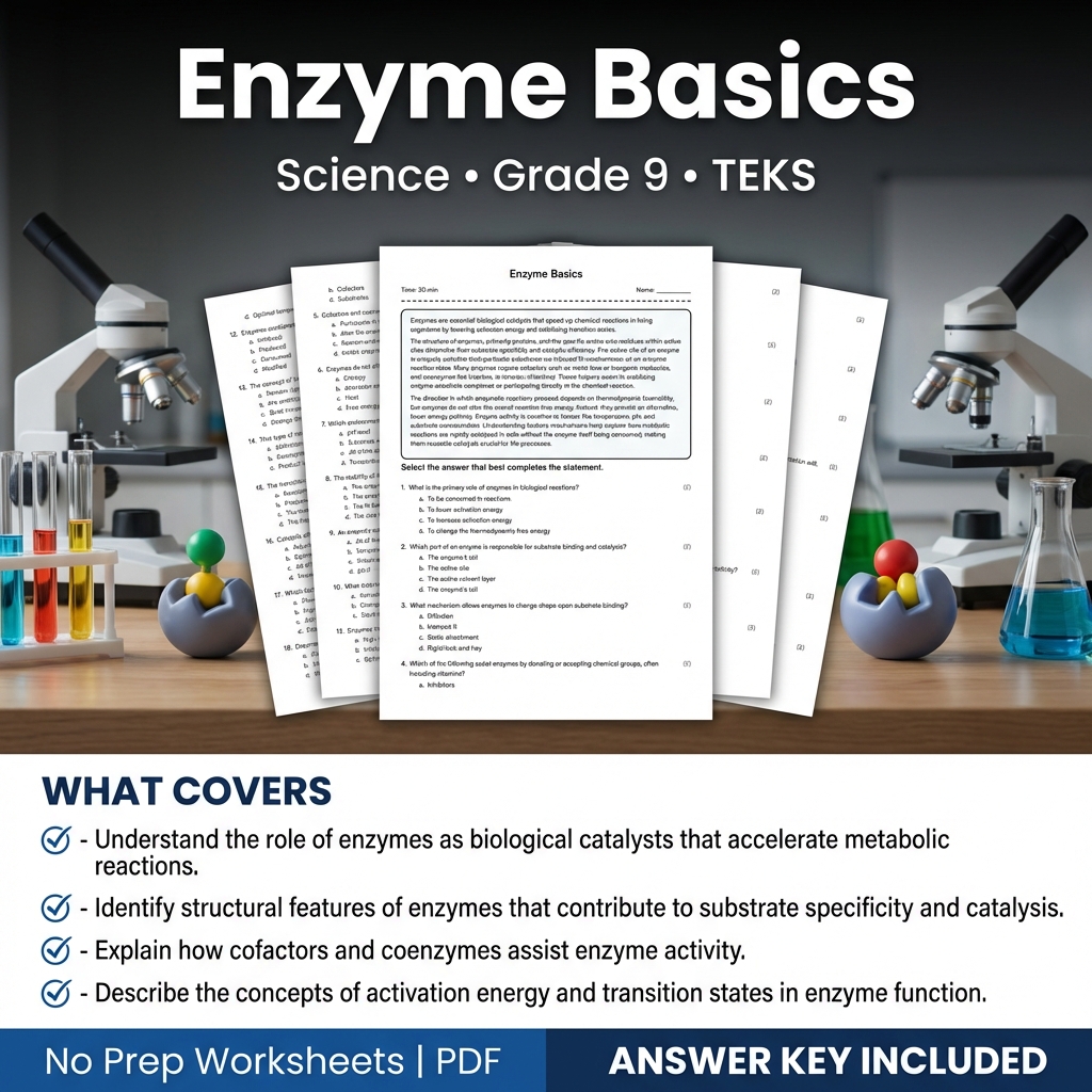 Grade 9 Science Worksheet on Enzyme Basics | TEKS Aligned Practice