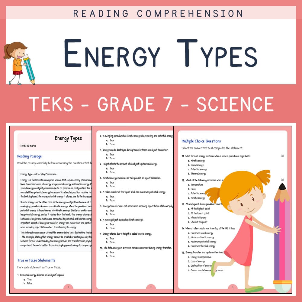 Grade 7 Science worksheet elena worksheet — Grade 7 Science | Energy Types Worksheet | TEKS Aligned — page 1