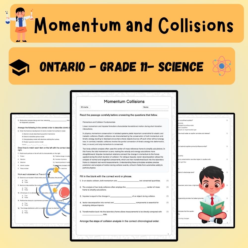 Grade 11 Science worksheet worksheet — Grade 11 Science | Momentum and Collisions Worksheet (PDF) – Ontario Standards — pa…
