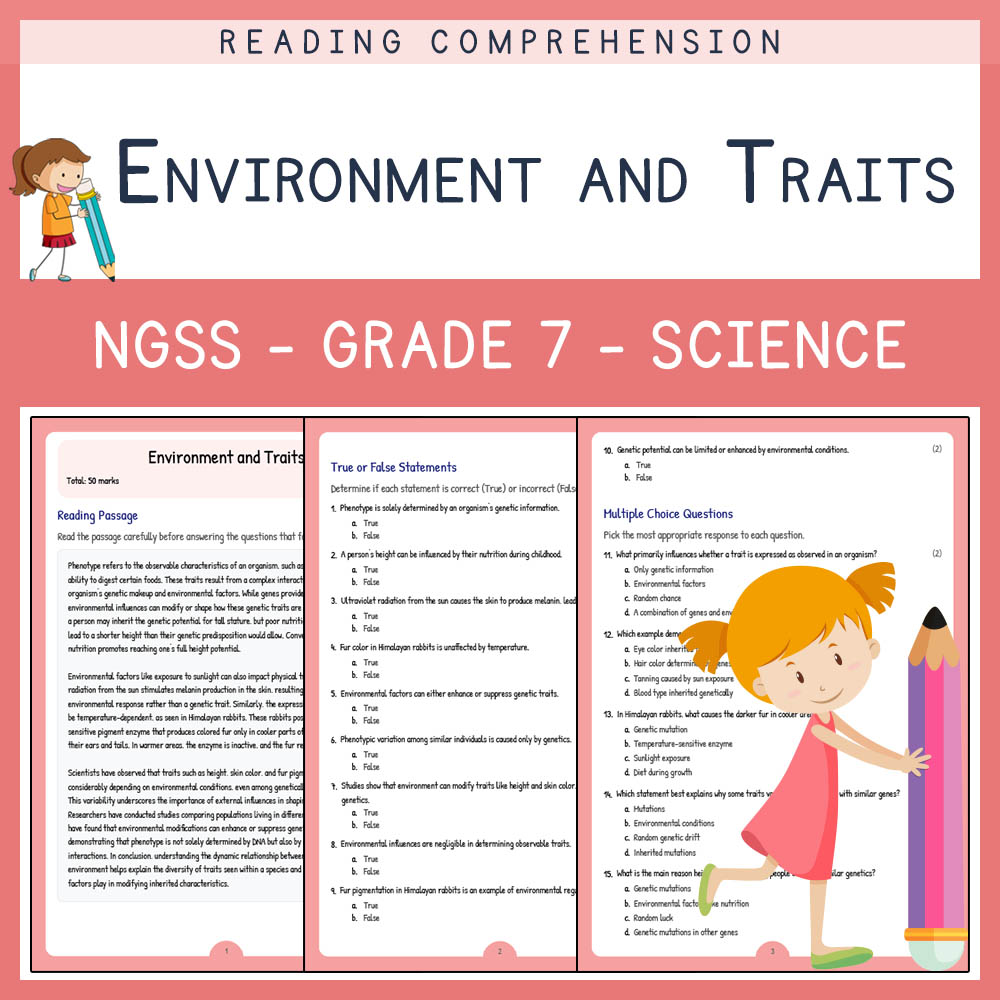 Grade 7 Science worksheet worksheet — Grade 7 Science | Environment and Traits Worksheet (NGSS Aligned + Answer Key) — page 1