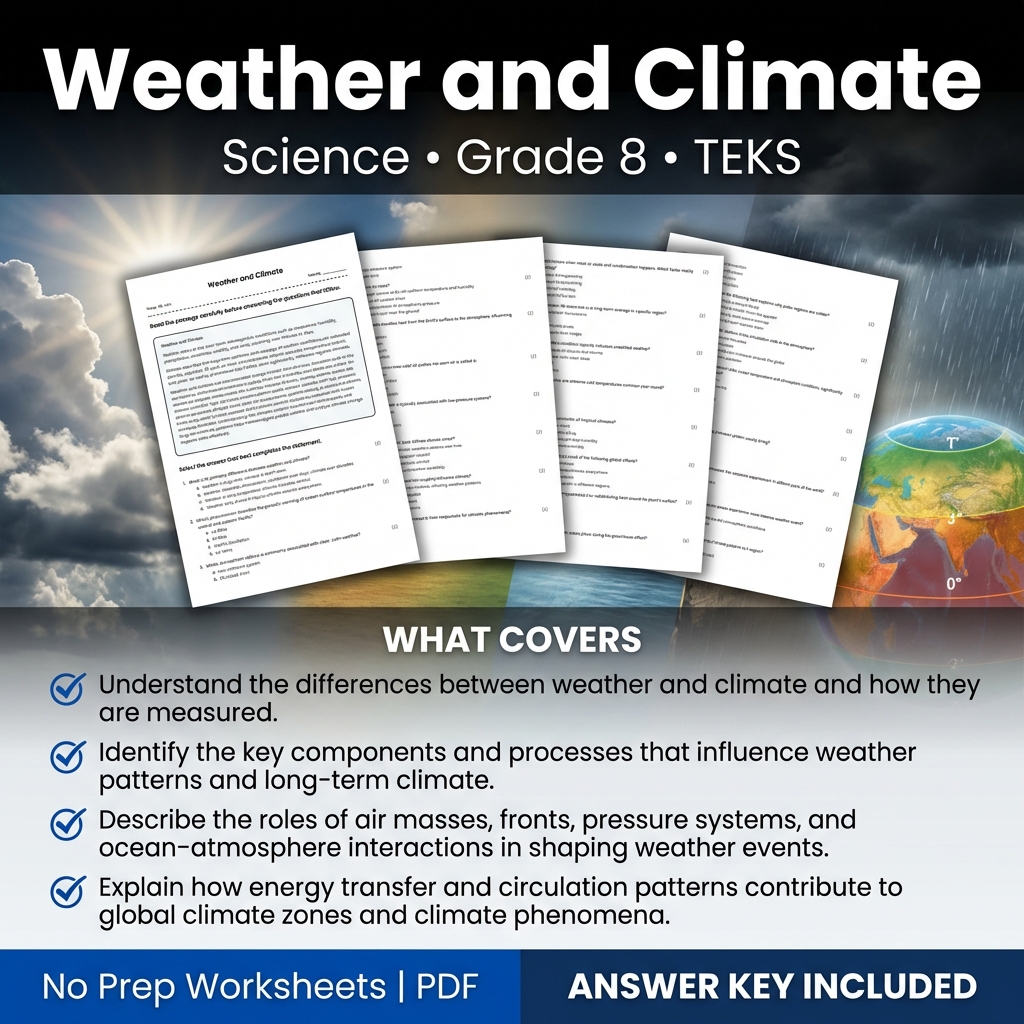 Weather and Climate Grade 8 Science Worksheet with Answer Key - TEKS