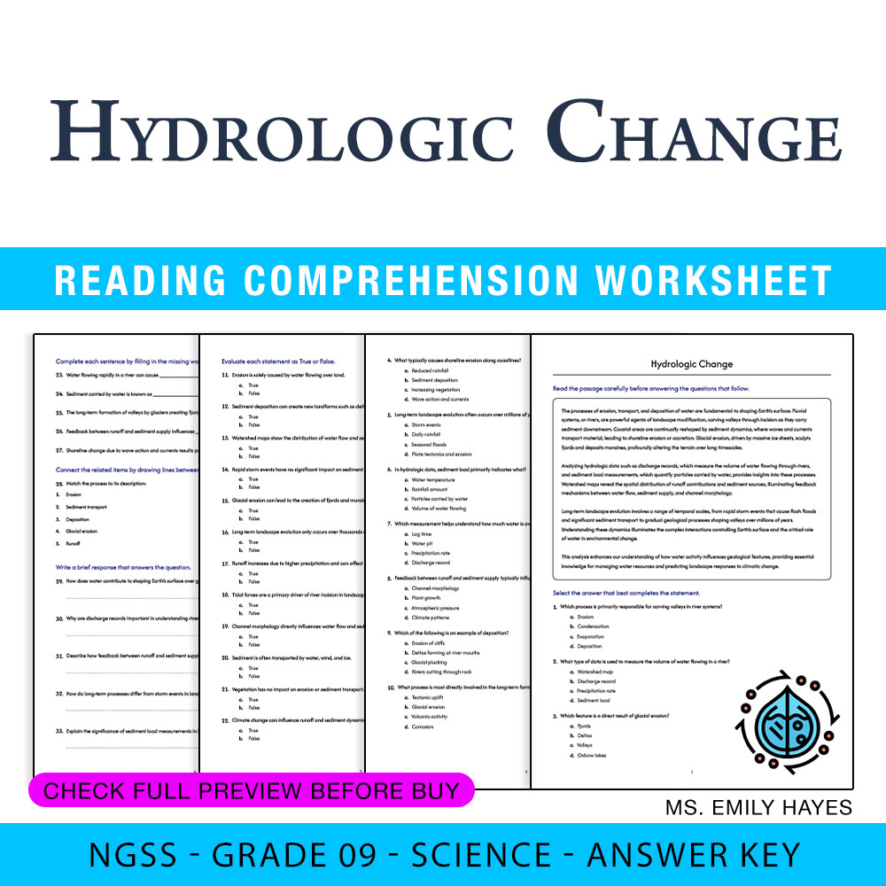 Grade 9 Science worksheet worksheet — Grade 9 Science | Hydrologic Change Worksheet (PDF+ Answer Key) — page 1