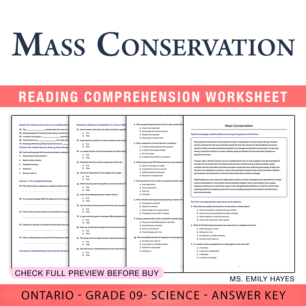 Grade 9 Science worksheet worksheet — 9th Grade Science | Mass Conservation Worksheet (PDF + Answer Key) — page 1