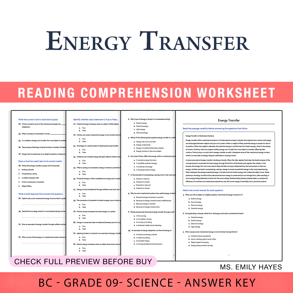 Grade 9 Science worksheet worksheet — 9th Grade Science | Energy Transfer Worksheet (PDF+ Answer Key) — page 1