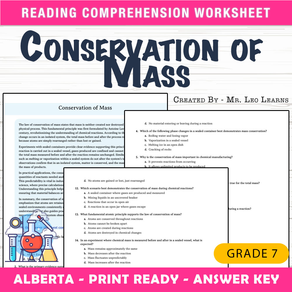 Grade 7 Science worksheet mcq paper worksheet — Grade 7 Science — Conservation of Mass Worksheet MCQ Paper — page 1