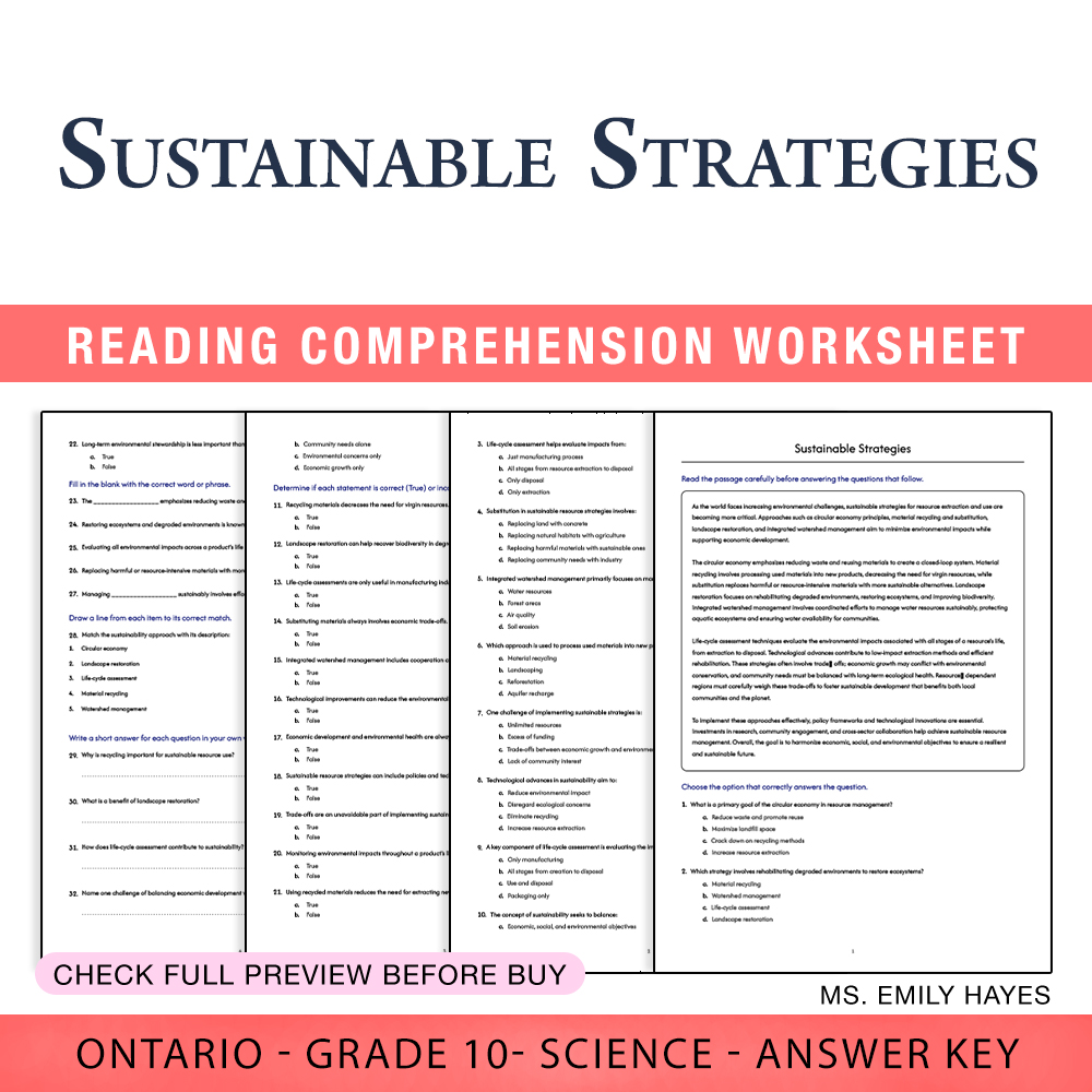Grade 10 Science worksheet worksheet — Grade 10 Science | Sustainable Strategies Worksheet (PDF + Answer Key) — page 1