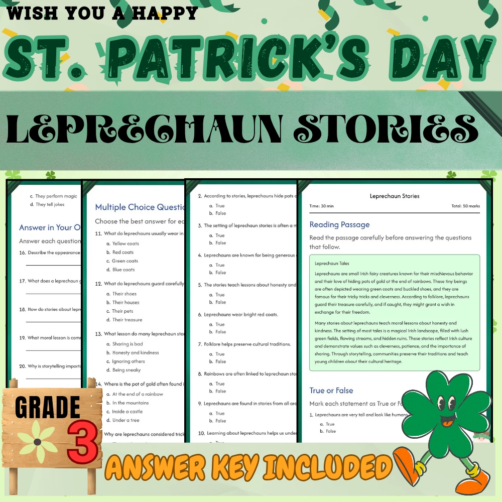 Grade 3 Seasonal Unit| St. Patrick's Day Worksheets & Activities(PDF+Answer Key) — included worksheet 2