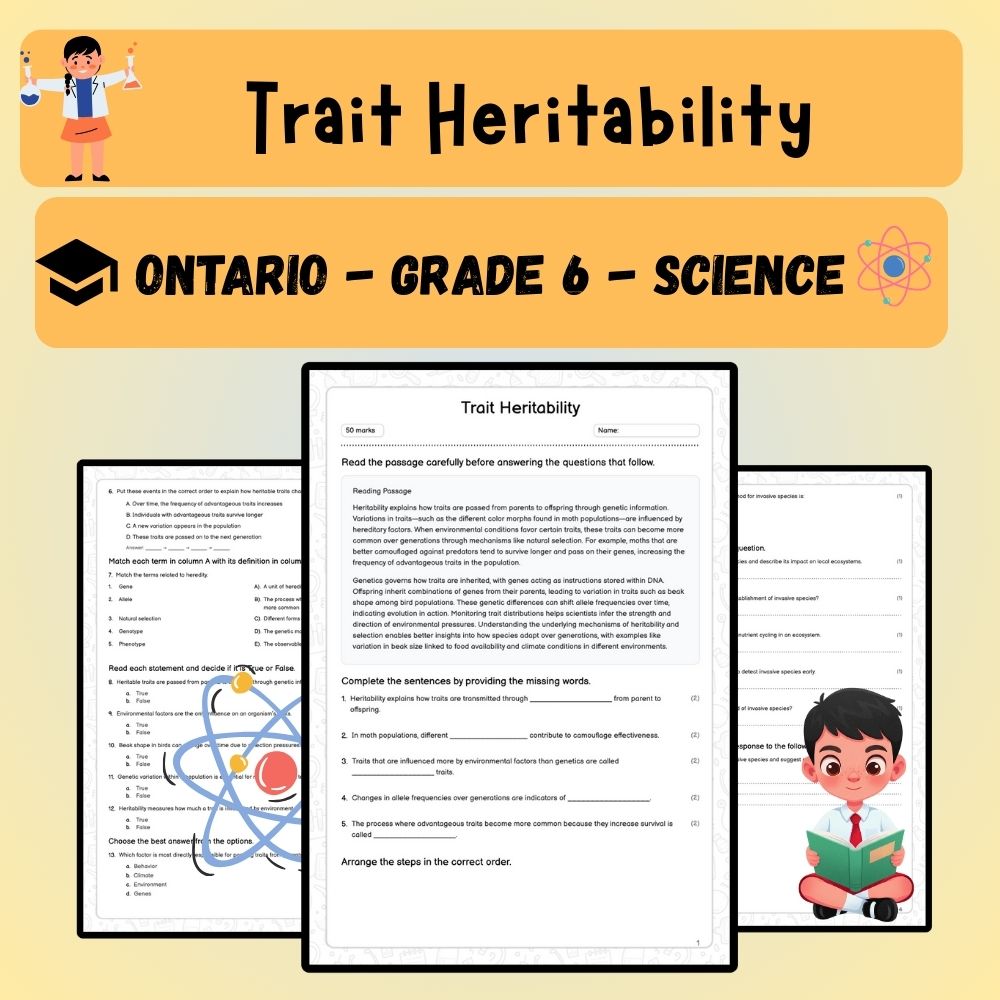 Grade 6 Science worksheet worksheet — 6th Grade Science | Trait Heritability Worksheet (PDF ) for Ontario Standards — page 1
