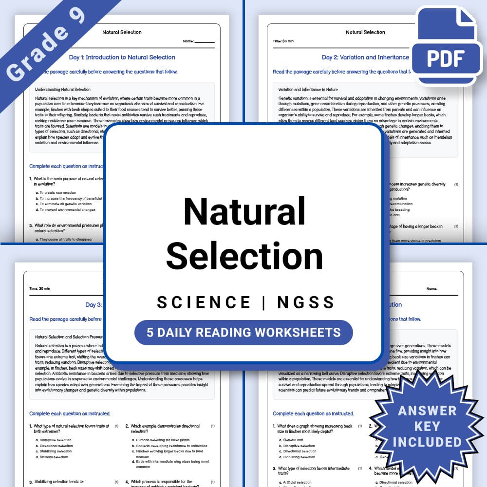 Grade 9 Science daily reading worksheet worksheet — Grade 9 Science – Natural Selection Worksheet(PDF + Answer Key) — page 1