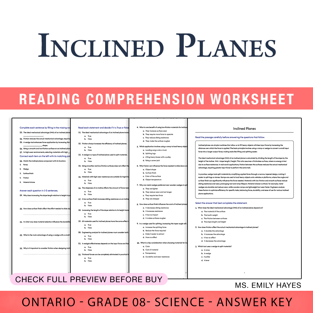 Grade 8 Science worksheet worksheet — Grade 8 Science | Inclined Planes Worksheet (PDF+ Answer Key) — page 1