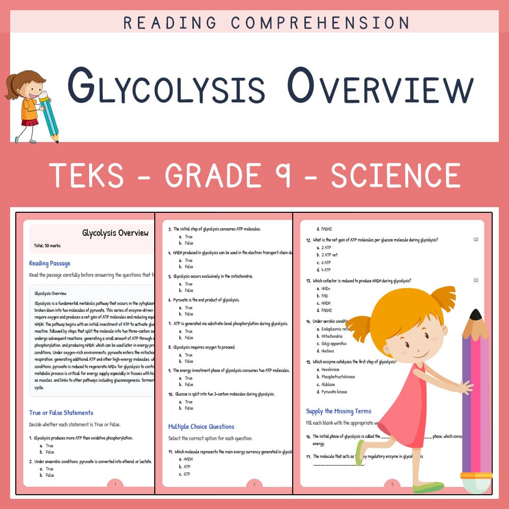 Grade 9 Science worksheet elena worksheet — Grade 9 Science | Glycolysis Overview Worksheet | TEKS Aligned — page 1