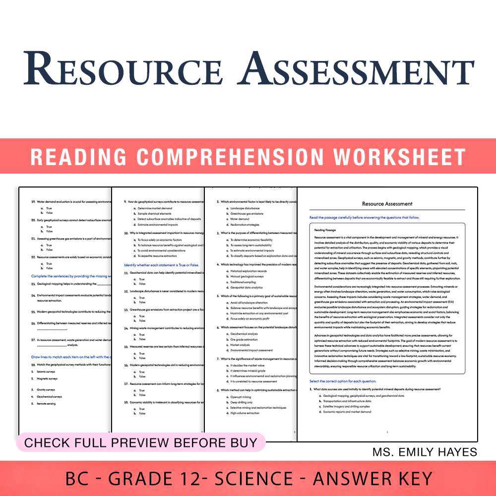 Grade 12 Science worksheet worksheet — Grade 12 Science | Resource Assessment Worksheet (PDF + Answer Key) — page 1