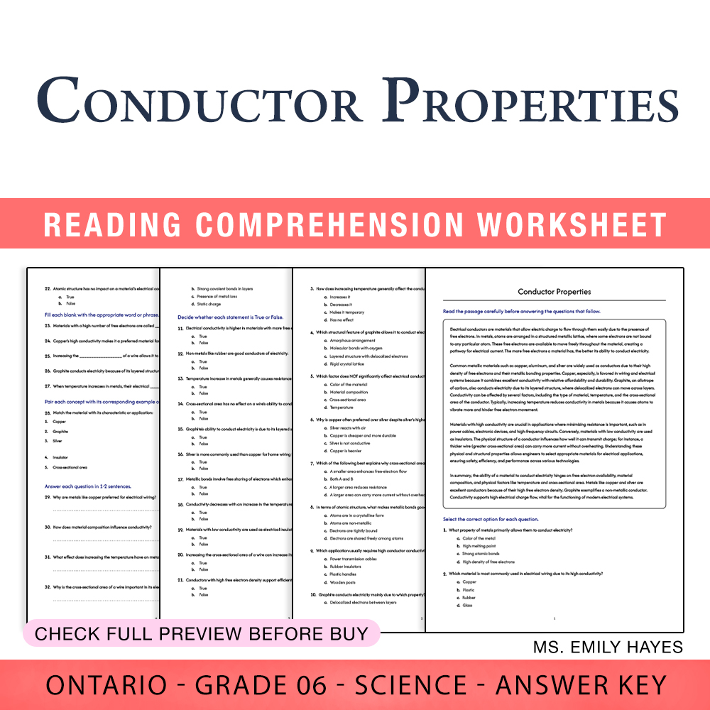 Grade 6 Science worksheet worksheet — 6th Grade Science | Conductor Properties Worksheet (PDF + Answer Key) — page 1