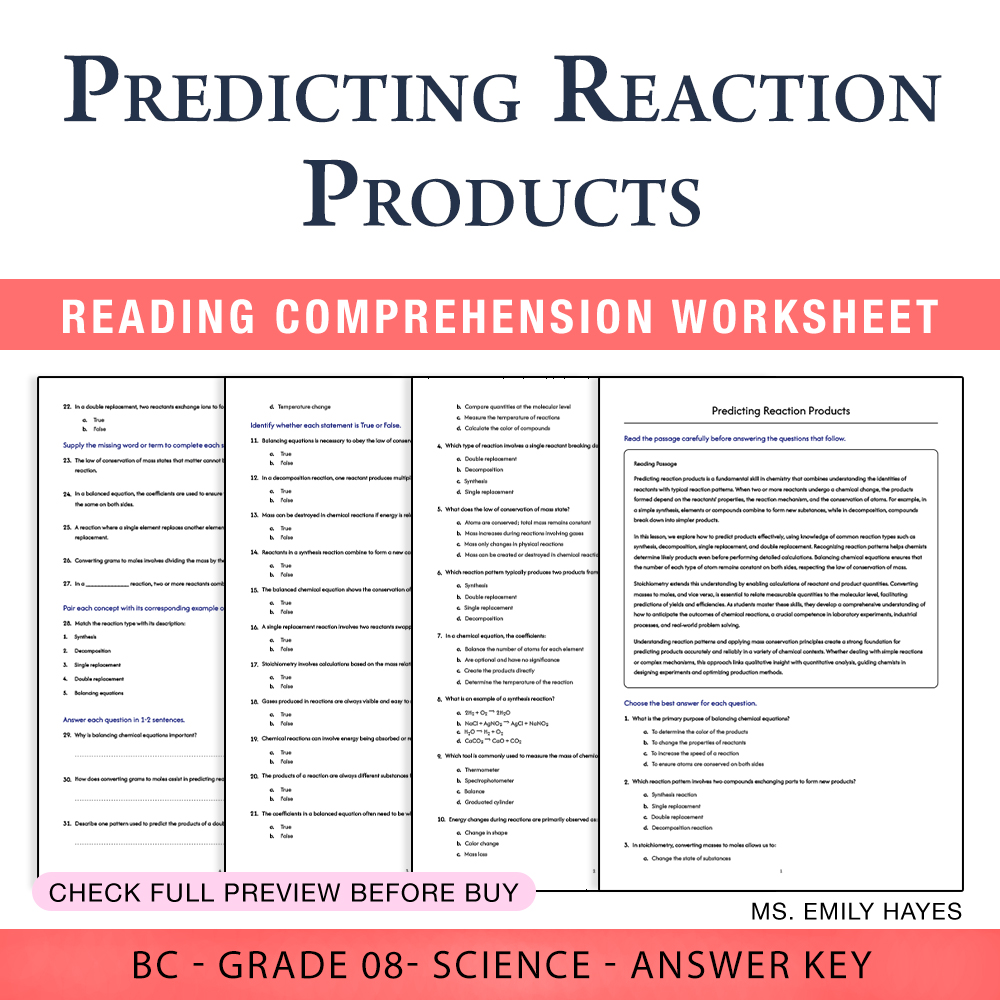 Grade 8 Science worksheet worksheet — 8th Grade Science | Predicting Reaction Products Worksheet (PDF+ Answer Key) — page 1