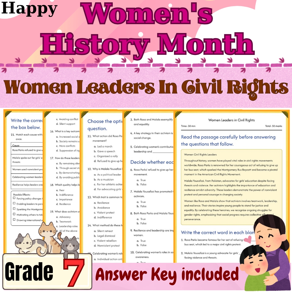 Grade 7 Seasonal Women Leaders in Civil Rights Worksheet | PDF + Answer Key